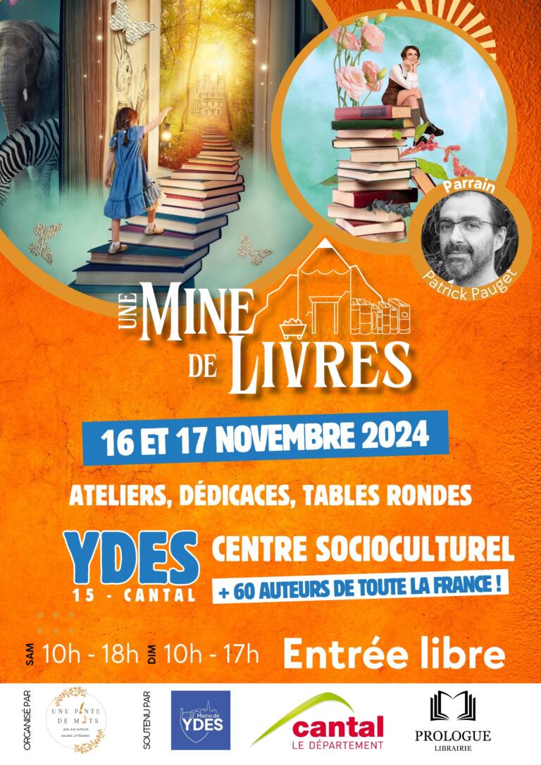Affiche orange et bleu avec des phots imaginaires de romans, la photo du parrain et toutes les informations sur le salon